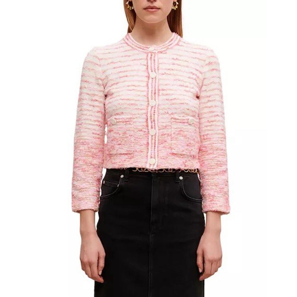 Maje Mexico Knit Cardigan Sweater Womens 1 Small Pink White Snap Tweed Cropped